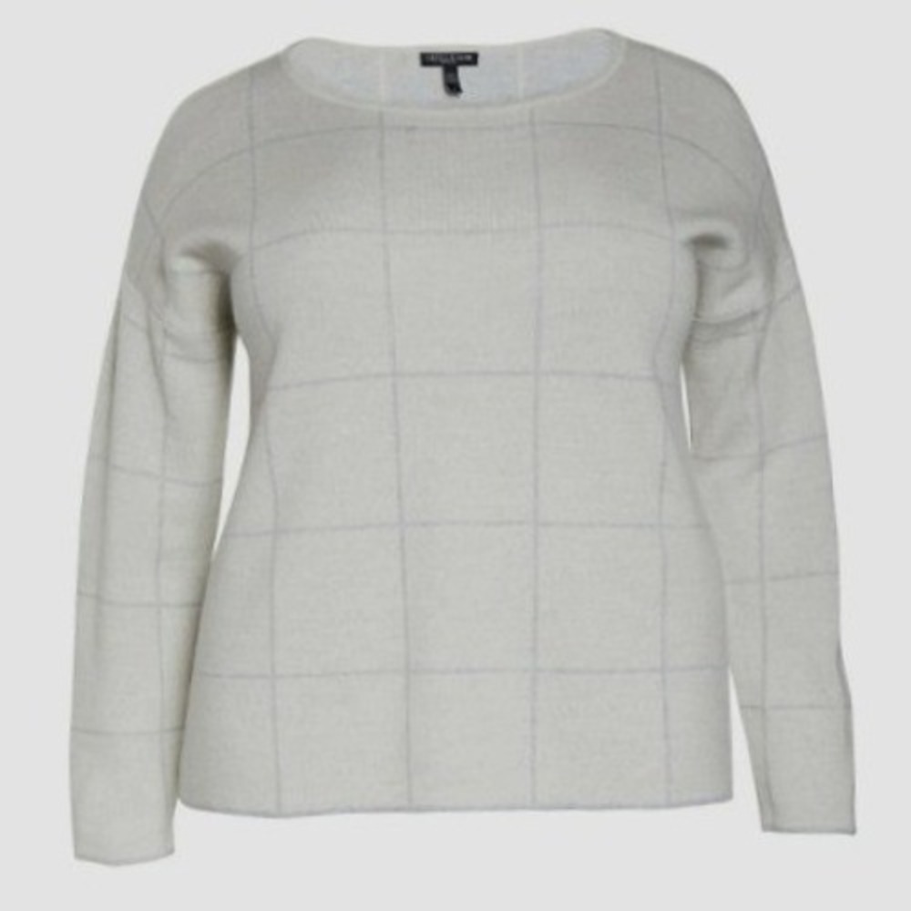 Eileen Fisher Women's Windowpane Merino Wool Sweater Size M Grey Cream - Picture 4 of 12